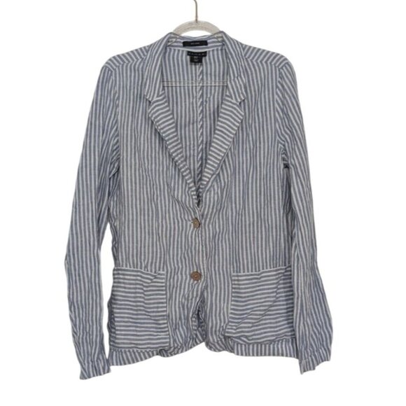 Tahari Linen Stripe Blazer Womens Size Medium Blue Lightweight Nautical Jacket - Picture 1 of 11